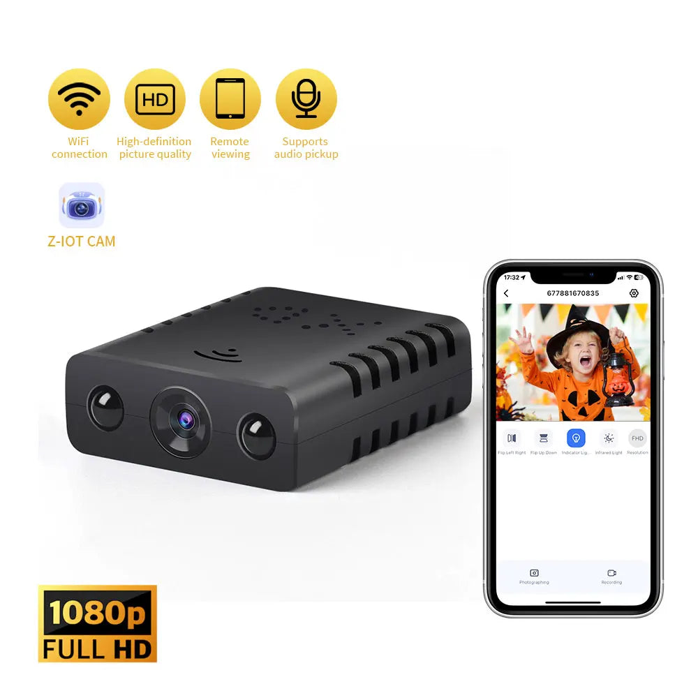 Black rectangular plastic 1080p security camera with WiFi, audio recording, and mobile app remote viewing.