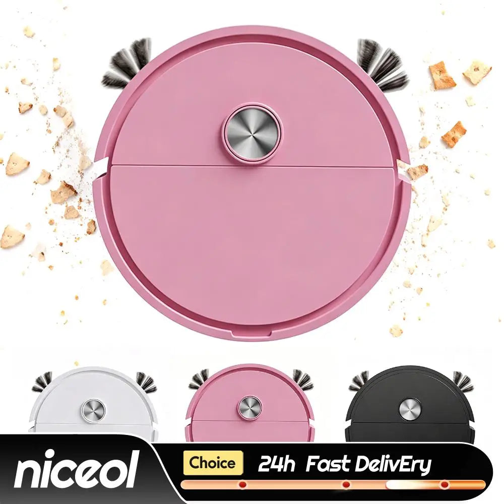 A pink robotic vacuum cleaner is shown with crumbs around it, and white, pink, and black models below.