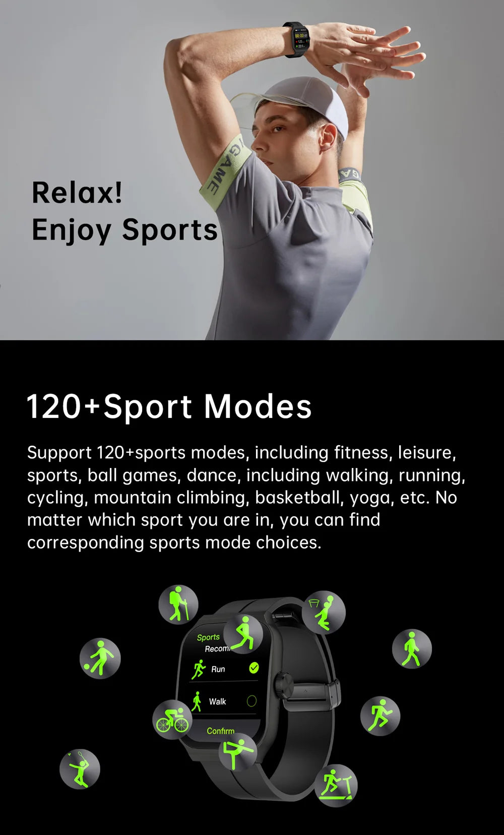 Black smartwatch with a 2.01-inch curved screen showing activity tracker icons for over 120 sports modes.