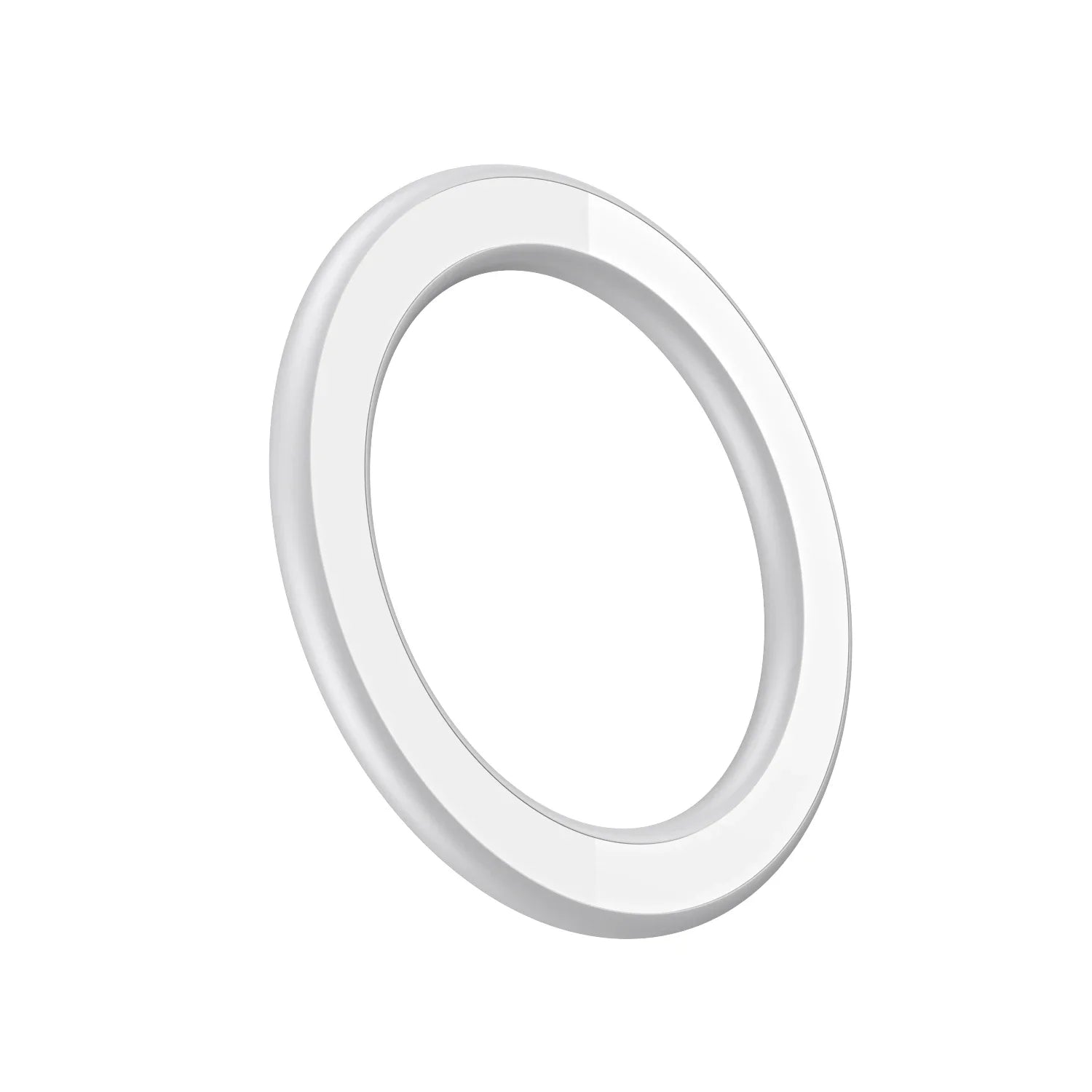 Minimalist white circular wireless charging pad with a glossy finish, angled for a sleek, modern look.