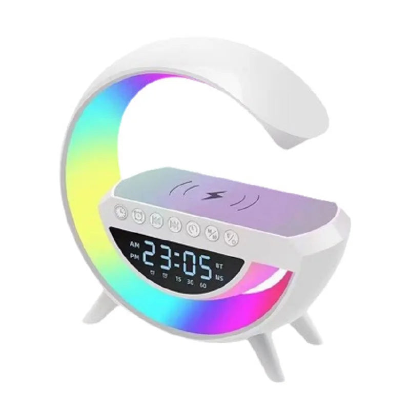 White, C-shaped smart alarm clock with a vibrant rainbow LED light, digital display, and top wireless charging pad.