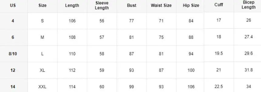 Clothing size chart featuring measurements for length, sleeve, bust, waist, hip, cuff, and bicep for sizes S to XXL.