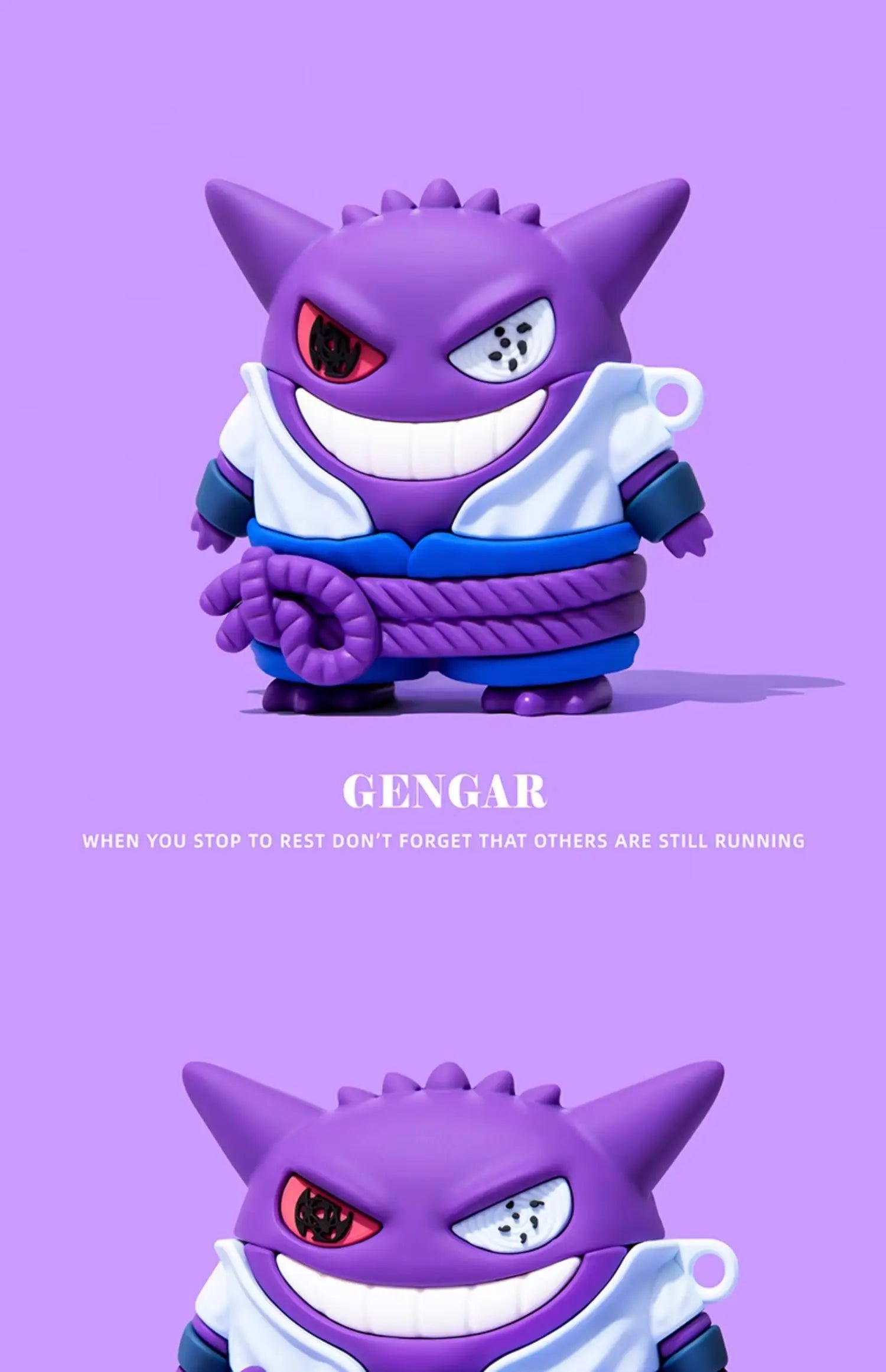 Purple silicone Gengar AirPods case featuring a ninja-inspired outfit design. Compatible with standard AirPods.
