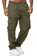 Men’s olive green cargo workwear trousers with an elasticated waistband, zip detail, and large utility side pockets.