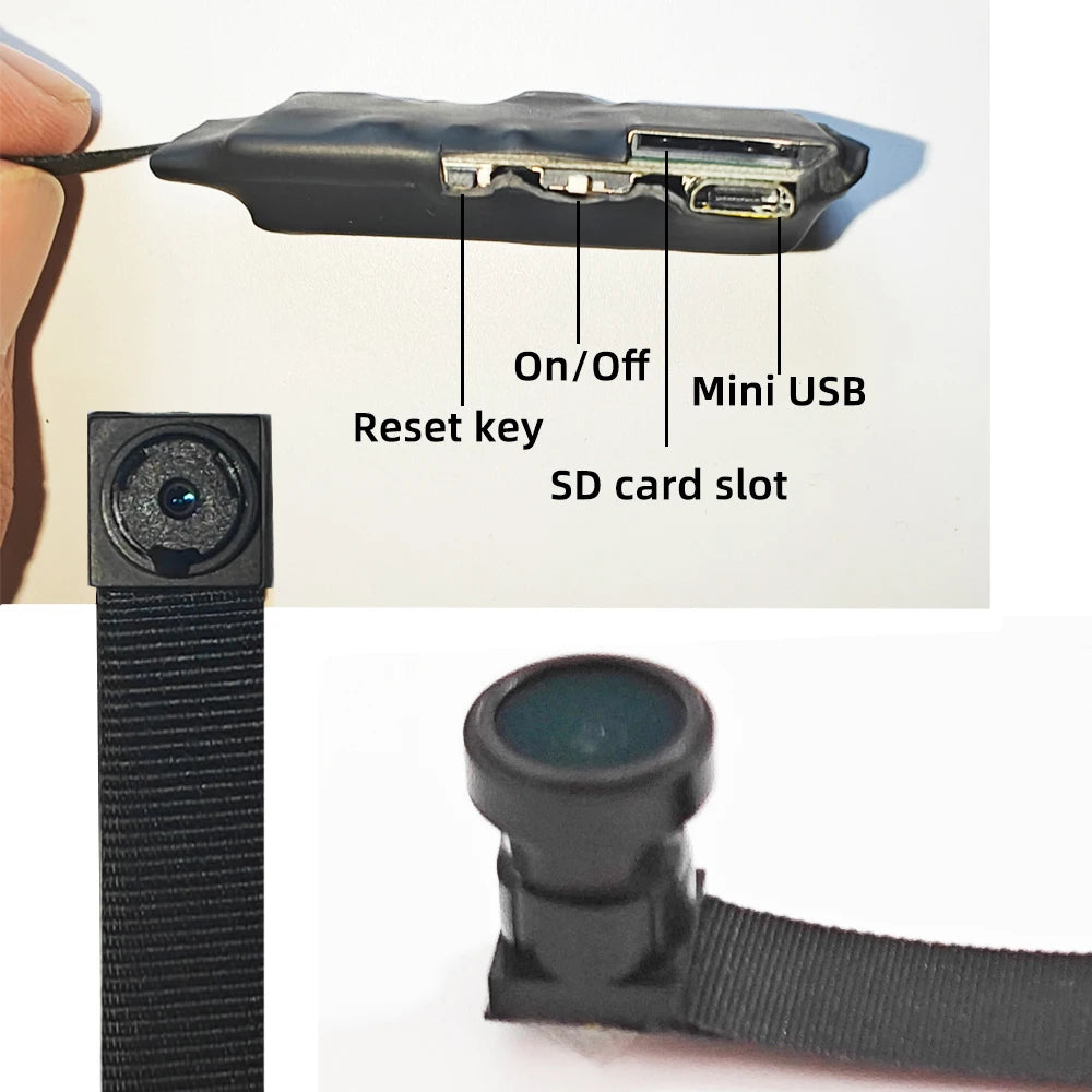 Black, flexible mini hidden camera with ribbon cable, lens, reset button, on/off switch, SD card slot, and USB port.