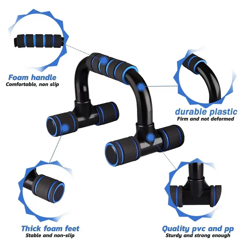 Black and blue push-up bars with foam handles and non-slip feet, featuring callouts for durability and design.