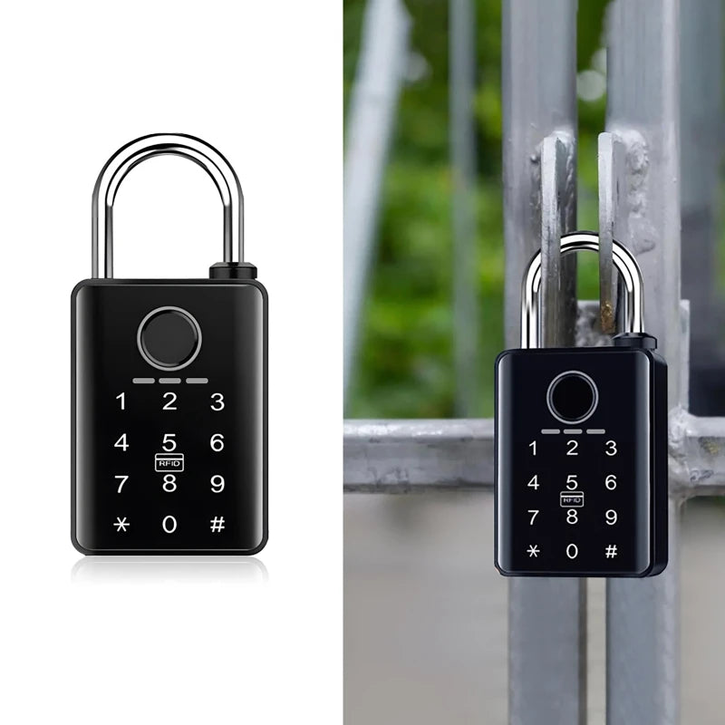 Black metal electronic padlock with a fingerprint scanner, digital keypad, and RFID sensor on a metal gate.