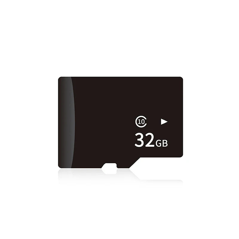 Black 32GB microSD memory card with a class 10 speed rating symbol on the front.