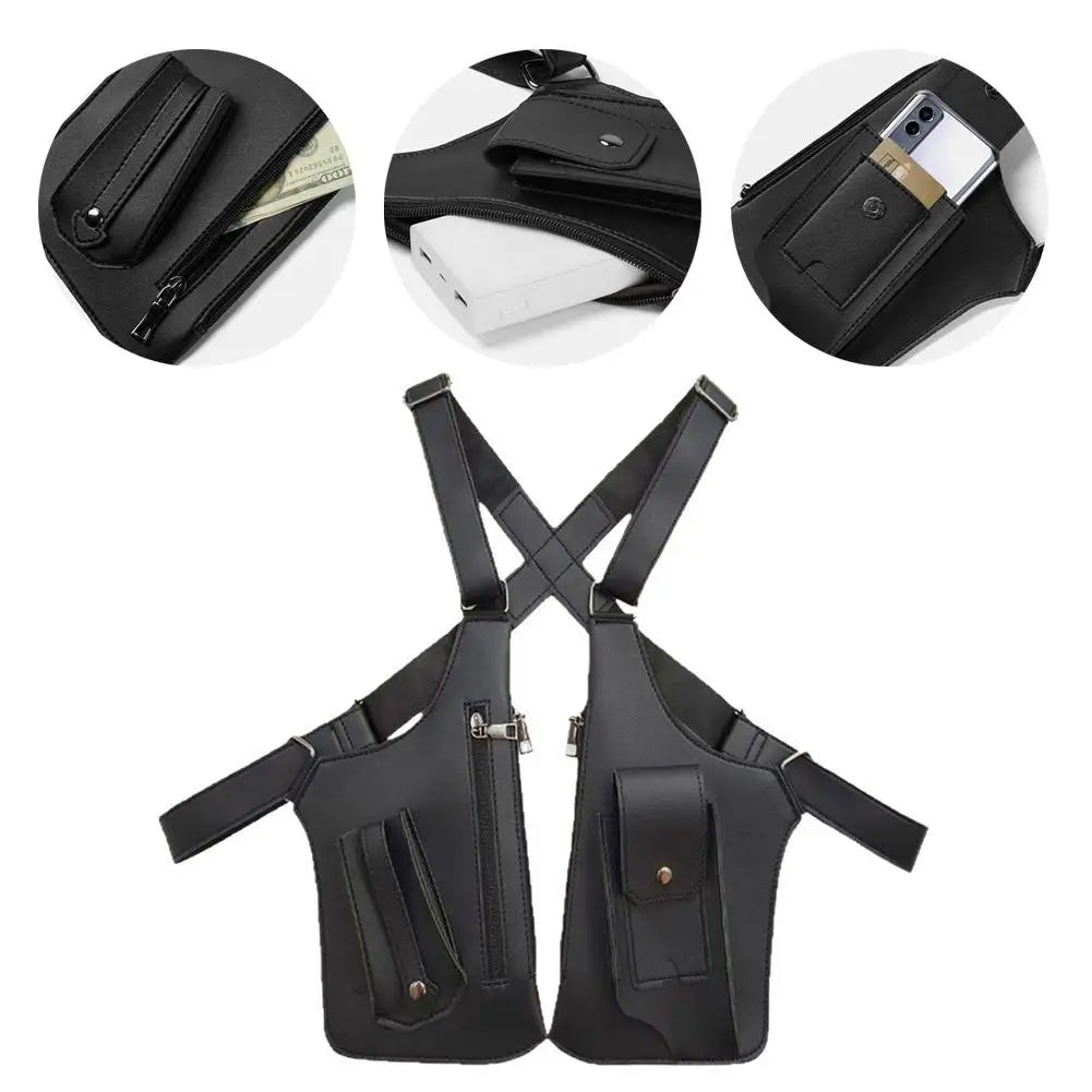 Black retro-style tactical shoulder holster bag with multiple zipped pockets for phone, power bank and essentials.