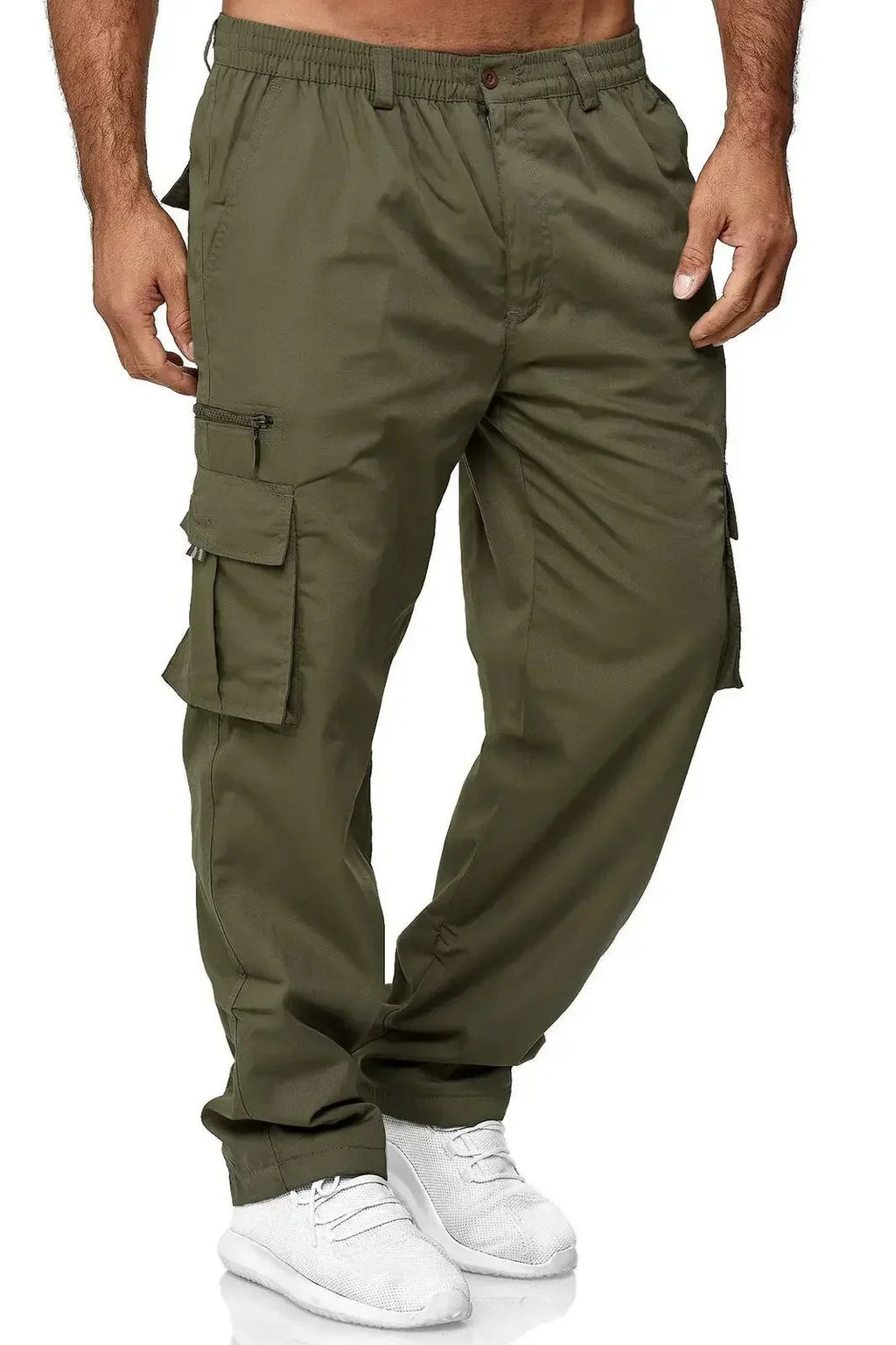 Men’s olive green cargo trousers with an elasticated waist, zip pockets, and utility side pockets.