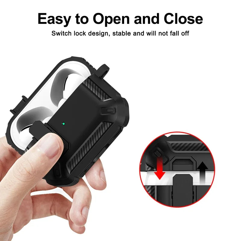 Black rugged carbon fibre-style AirPods Pro case with secure locking mechanism held in hand.