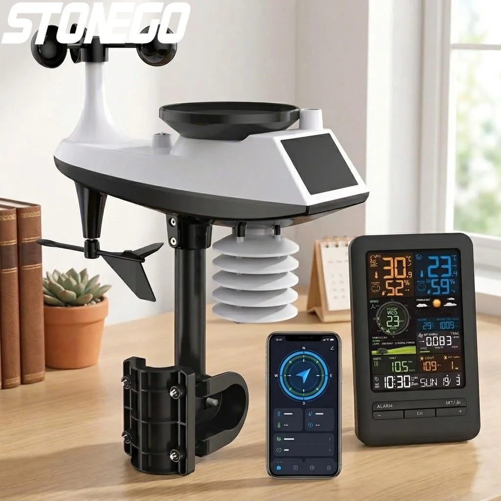 Smart weather station featuring a white outdoor sensor array, black indoor display, and a smartphone app interface.