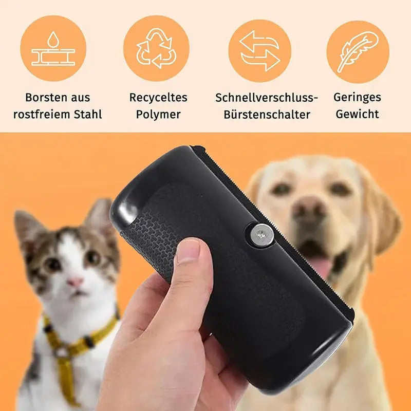 A hand holds a black, rectangular pet hair removal tool with a textured grip, with a cat and dog in the background.