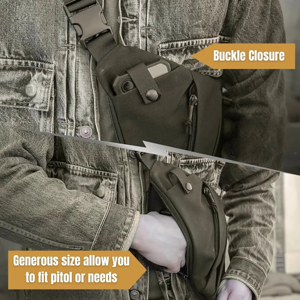 Dark green lightweight crossbody sling bag with a secure buckle strap, zip pockets, and quick-access storage.