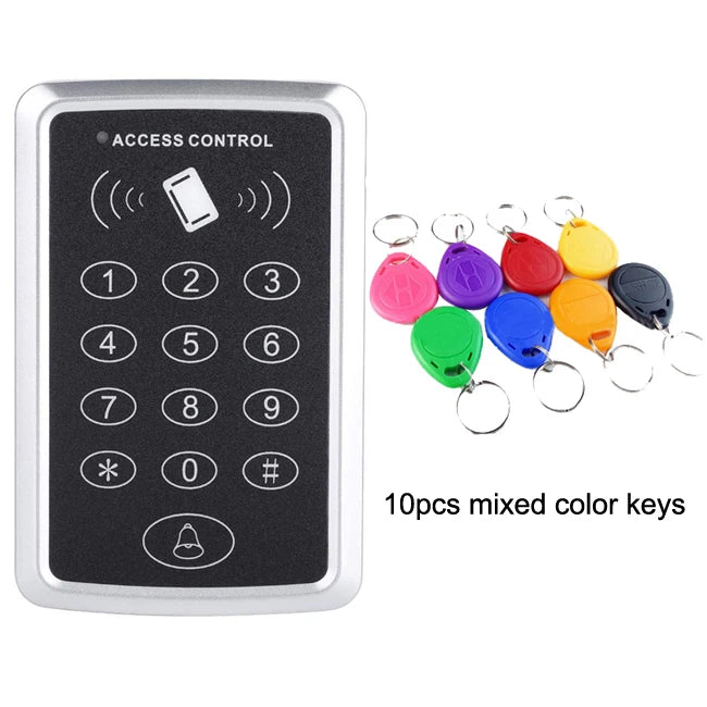 Silver access control keypad with black face and 10 colorful RFID plastic key fobs.