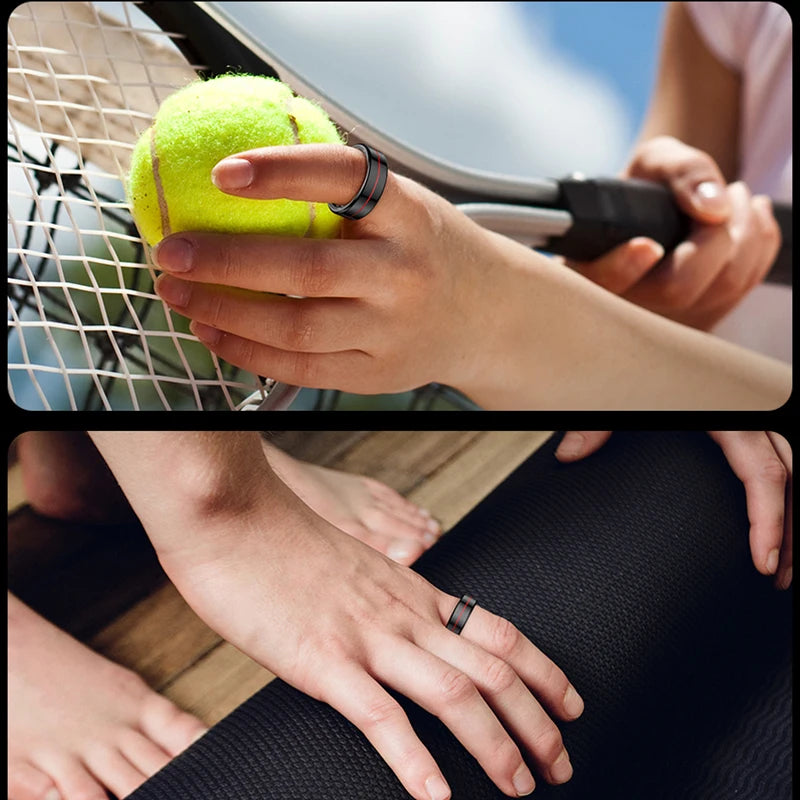 Sleek black smart health ring with a thin red accent line, worn during tennis and fitness activities.