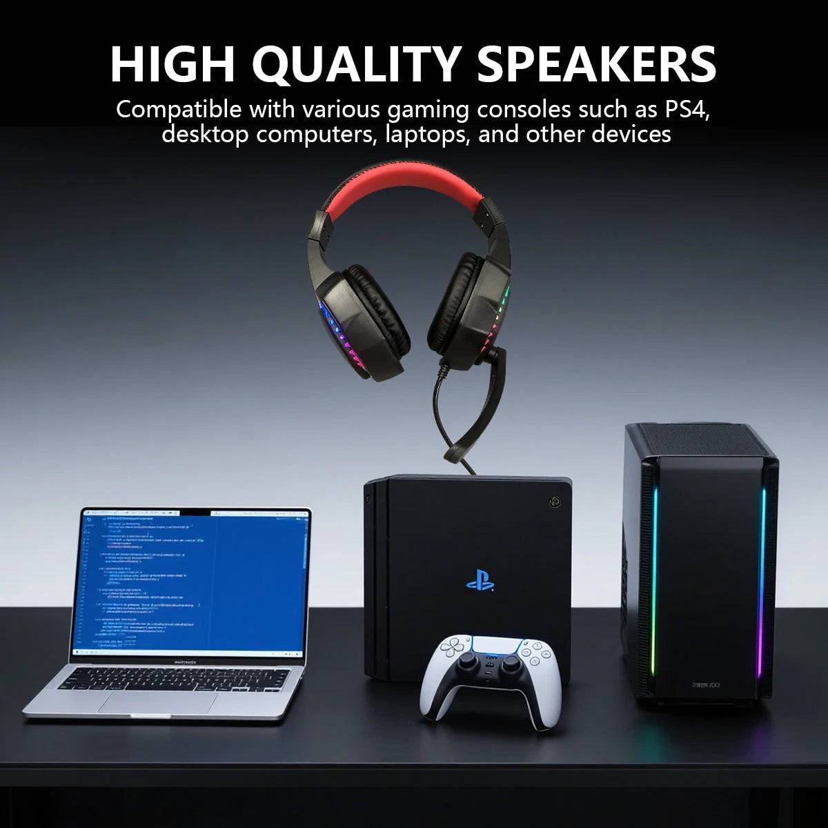 Black wired over-ear gaming headset with red headband and RGB lighting, shown with a laptop, console, and PC tower.