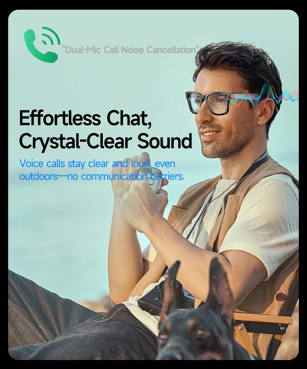 A man wearing stylish black smart Bluetooth glasses with integrated camera and noise-cancelling audio technology.