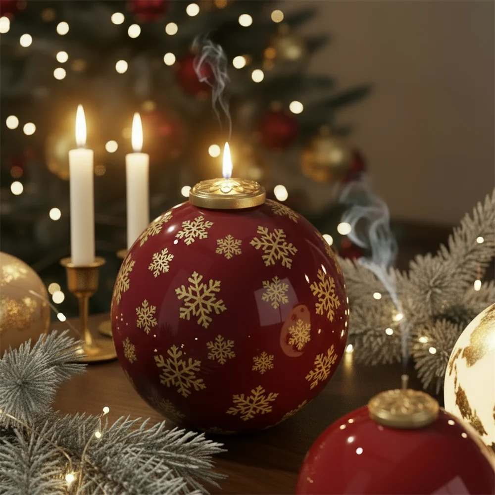 Red spherical Christmas bauble candle with gold snowflake patterns, a lit wick, and a gold cap, set against a festive tree background.