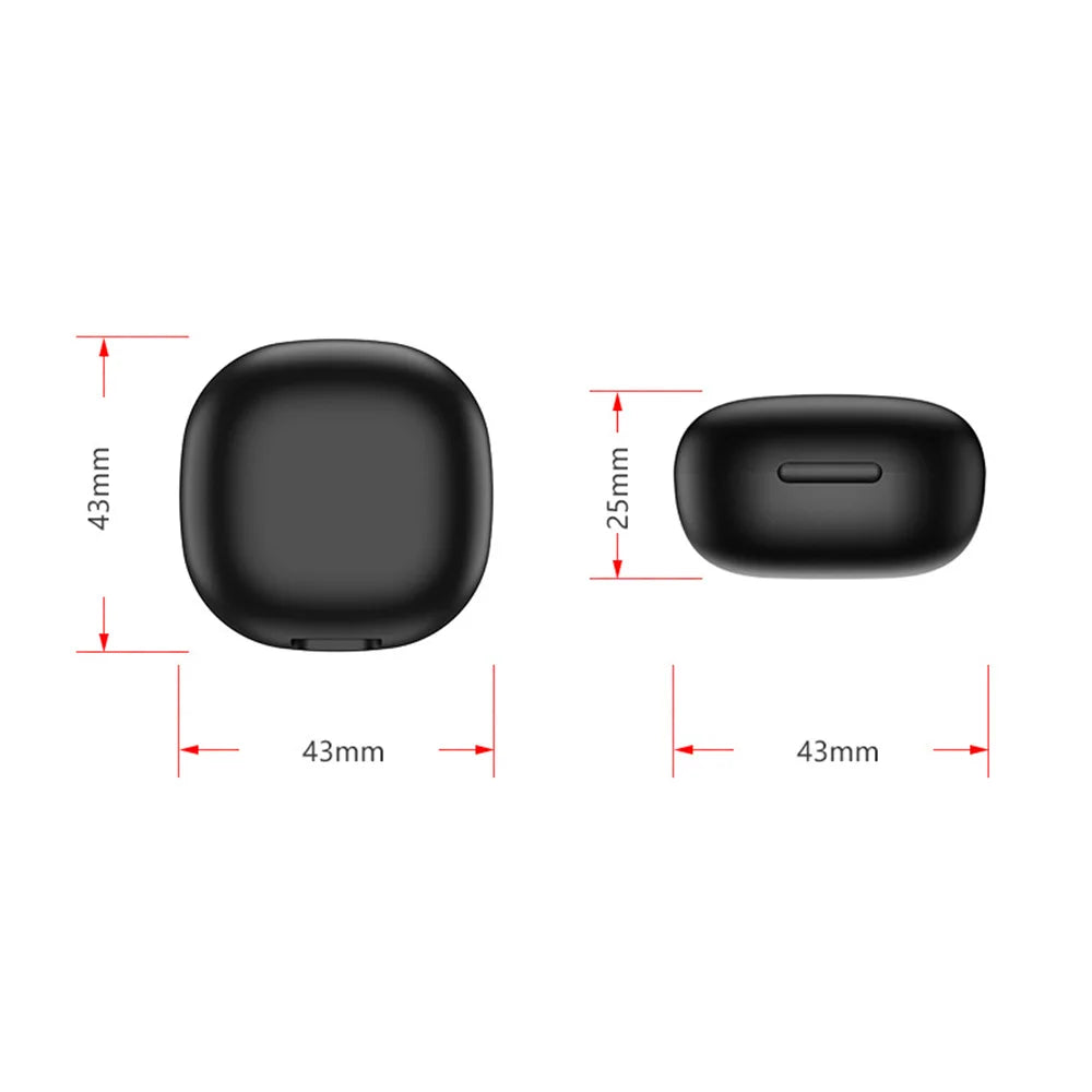 Black, rounded square charging case for smart ring, showing top and side profiles with dimensions in millimetres.