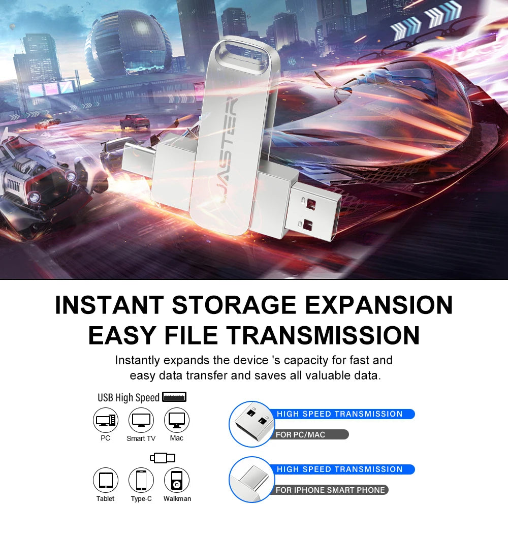 Sleek silver metal 2-in-1 flash drive with dual USB-C and USB 2.0 connectors for easy data transfer.