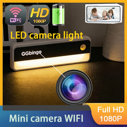 Black and white LED motion sensor night light with built-in hidden 1080p Wi-Fi security camera.