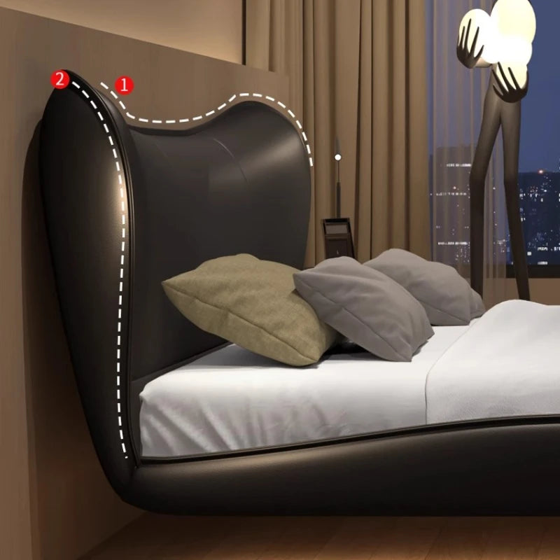 Modern black upholstered bed frame featuring a sleek, curved headboard with wingback sides.