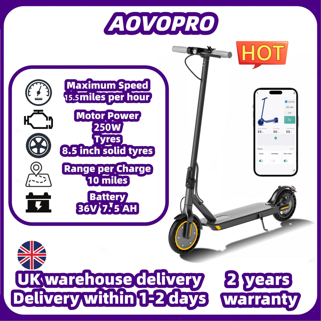Black AOVOPRO smart electric scooter with grey handlebars, yellow wheel accents, and a smartphone app display.