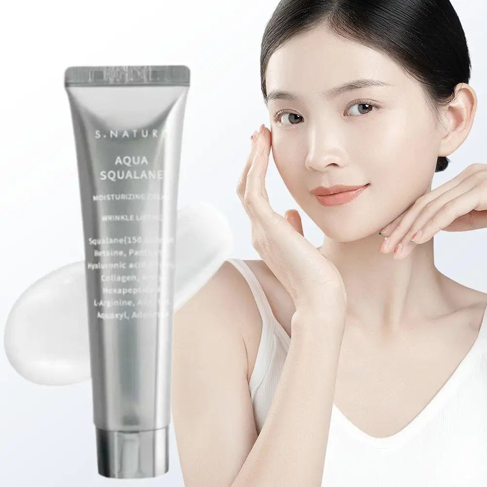 Silver tube of Aqua Squalane moisturizing face cream next to a woman with smooth, glowing skin.