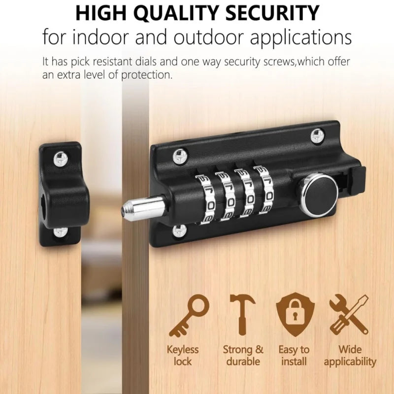 Black metal sliding door bolt with 4-digit combination lock, silver metallic dials, and mounting screws.