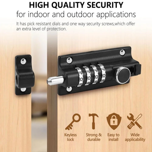 Black metal sliding door bolt with 4-digit combination lock, silver metallic dials, and mounting screws.