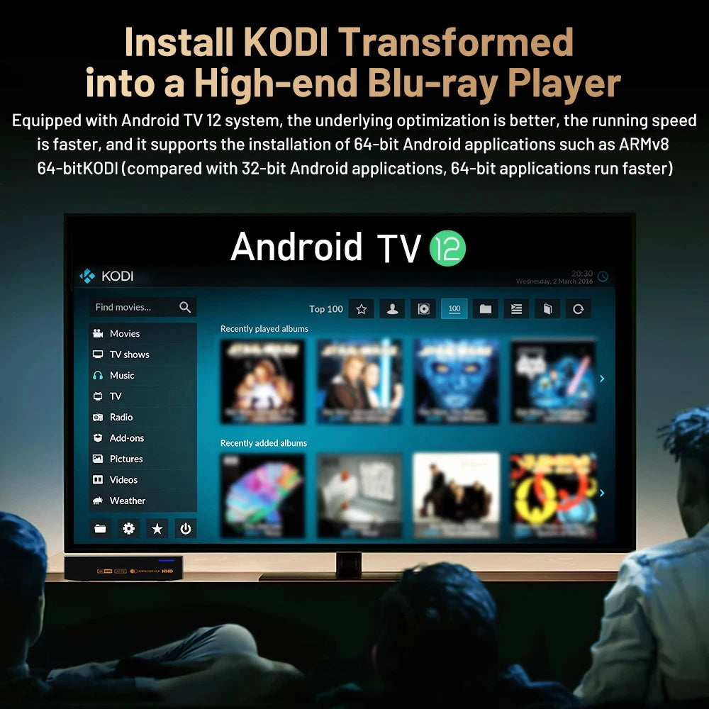 Black Kinhank Super Console X5 PRO connected to a TV displaying the Android TV 12 KODI interface.