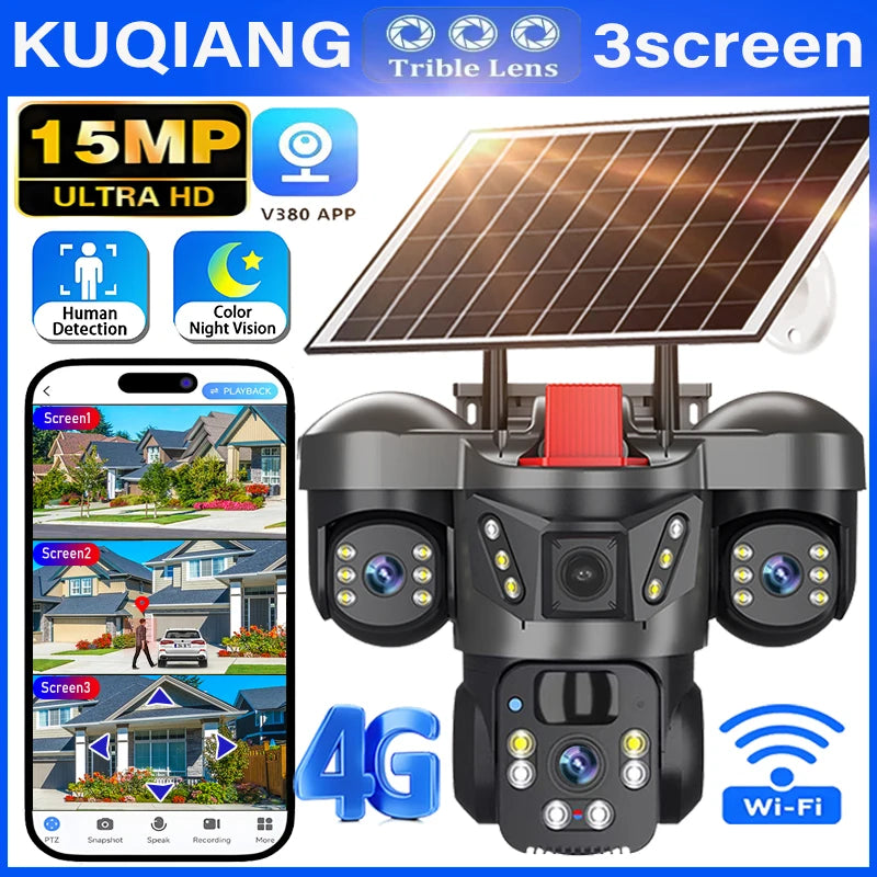 An ad for a Kuqiang 3-screen security camera with a solar panel, phone app, 15MP, and night vision.