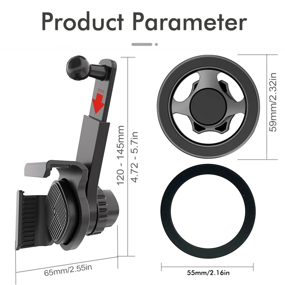 Black adjustable car phone mount with a spherical joint, shown with dimension labels and a circular base attachment.