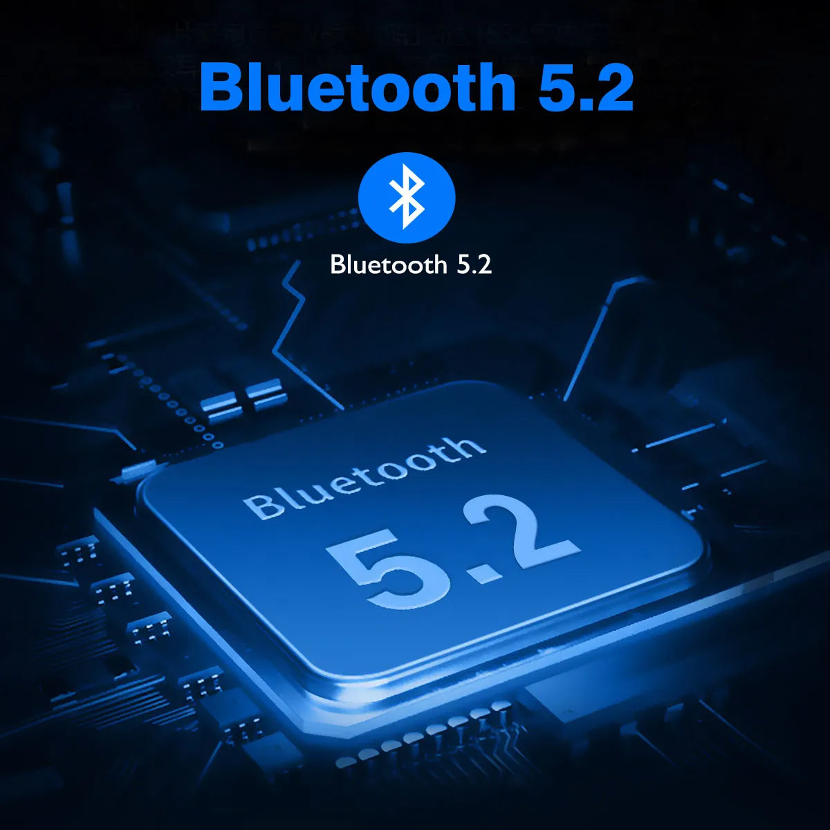 Blue digital graphic featuring a computer chip with text highlighting Bluetooth 5.2 connectivity.