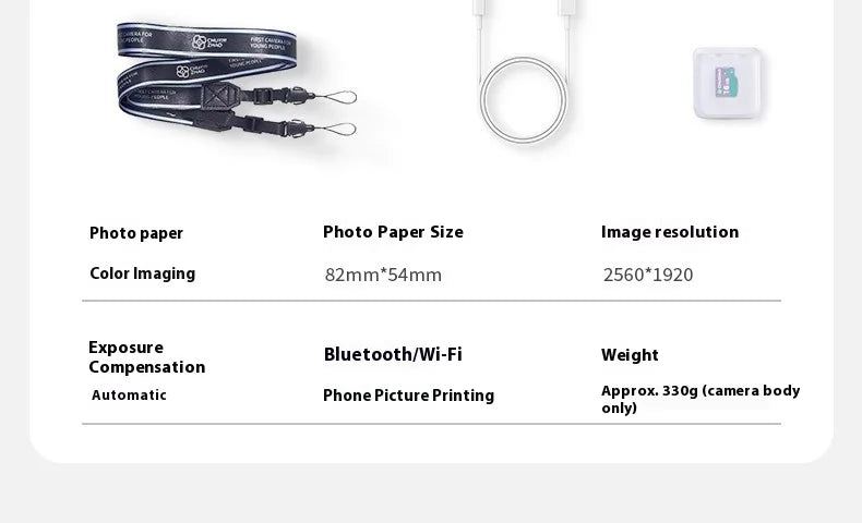 Accessories for a camera including a branded black strap, a white charging cable, and a small memory card.