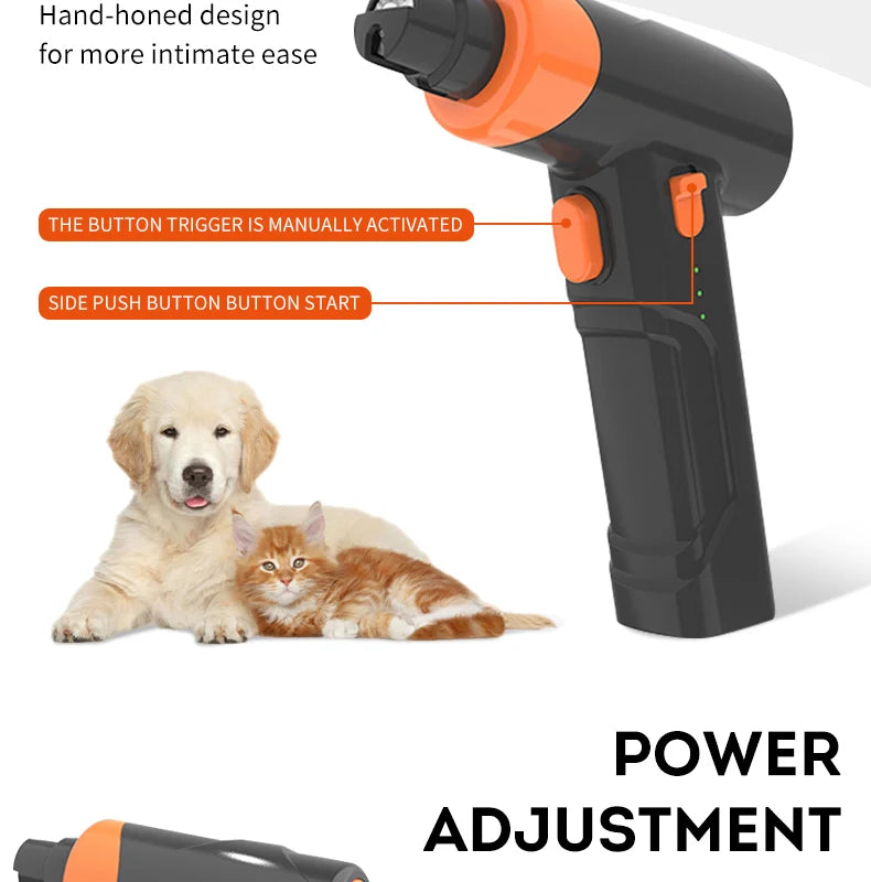 Black and orange electric pet nail grinder with a trigger button, shown next to a golden retriever puppy and a kitten.