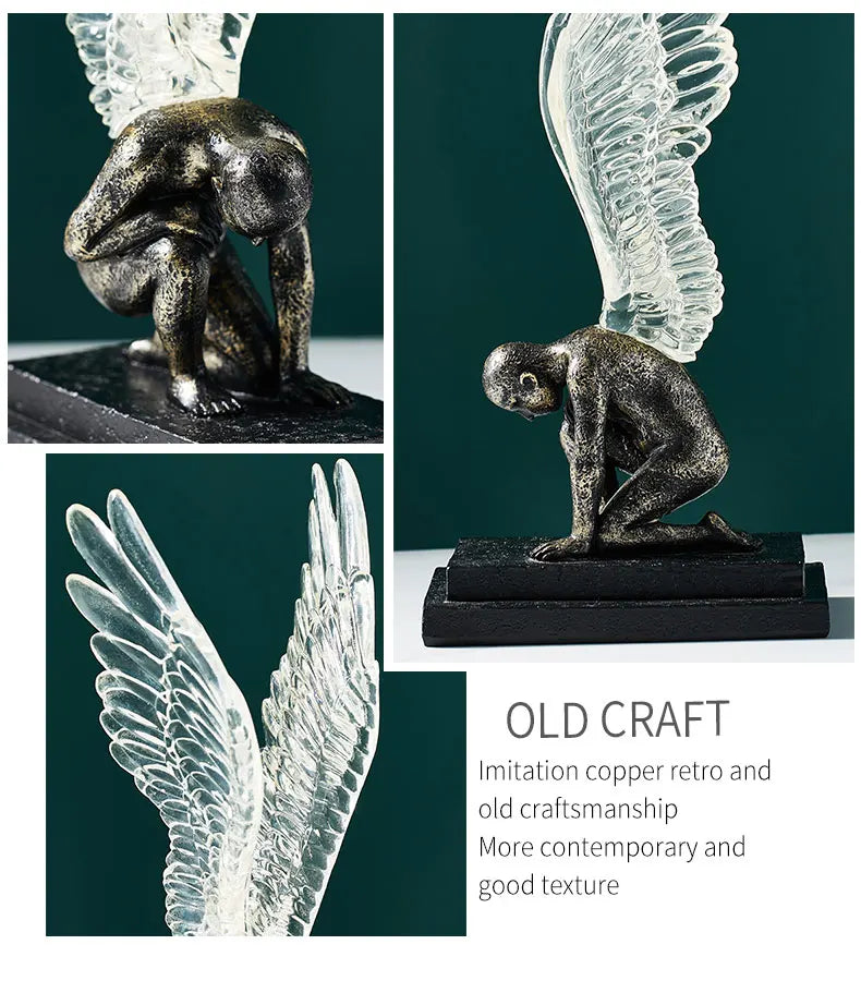 Bronze-effect kneeling angel statue with textured metallic finish and large, clear translucent wings on a black base.