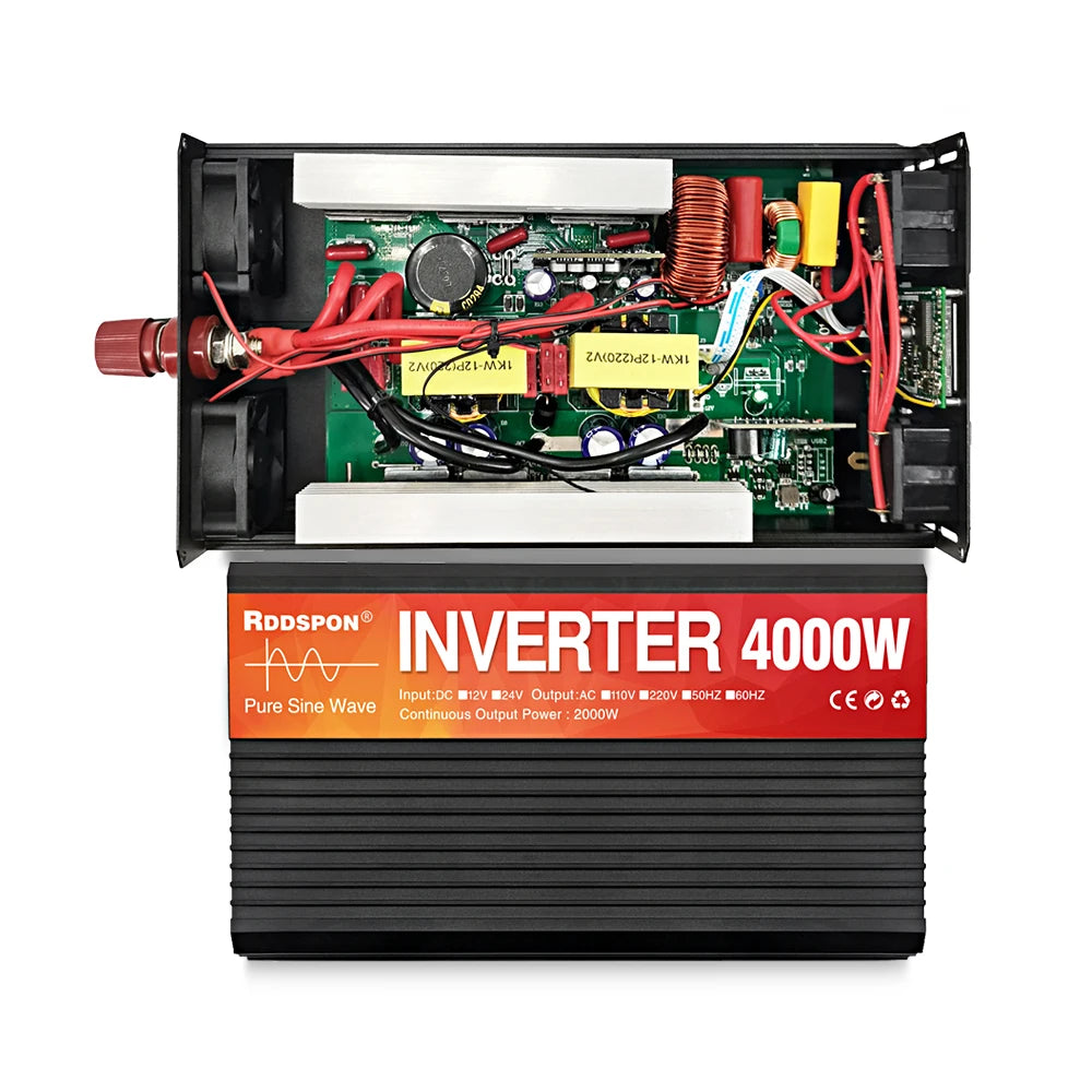 Black 4000W pure sine wave power inverter showing the metal casing and internal electronic circuit board.