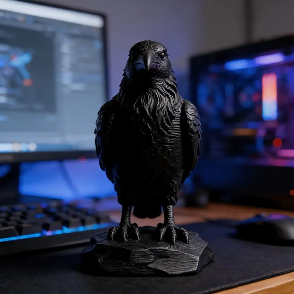 Matte black raven figurine perched on a rocky base, featuring detailed feather textures. Ideal for desk decor.