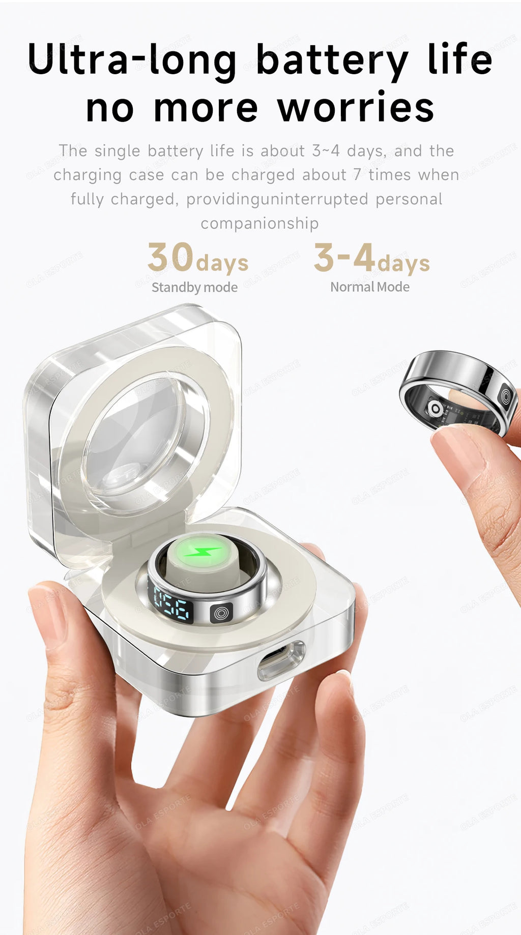 Sleek silver smart health ring with an activity monitor, shown with its transparent charging case.