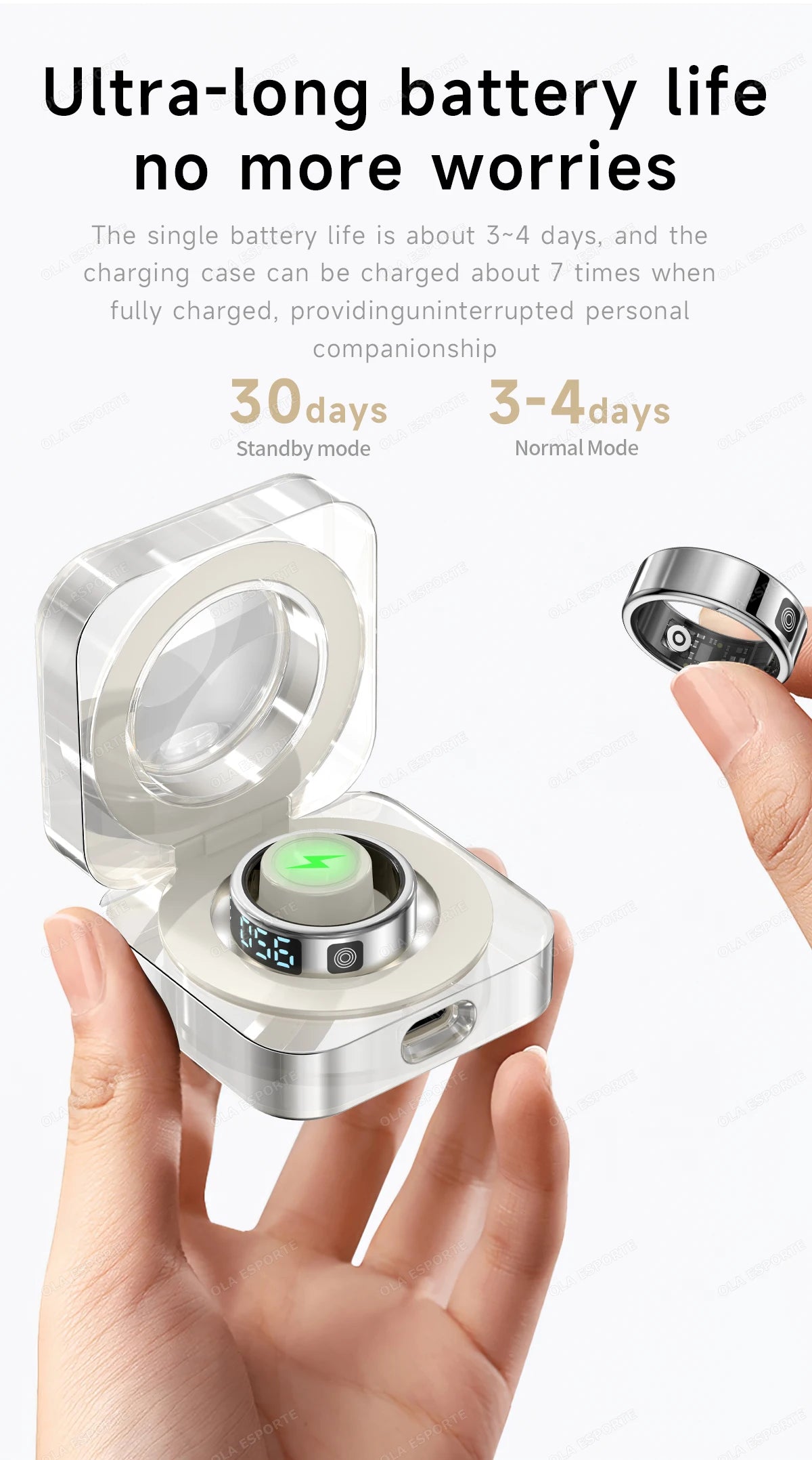 Sleek silver smart health ring with an activity monitor, shown with its transparent charging case.