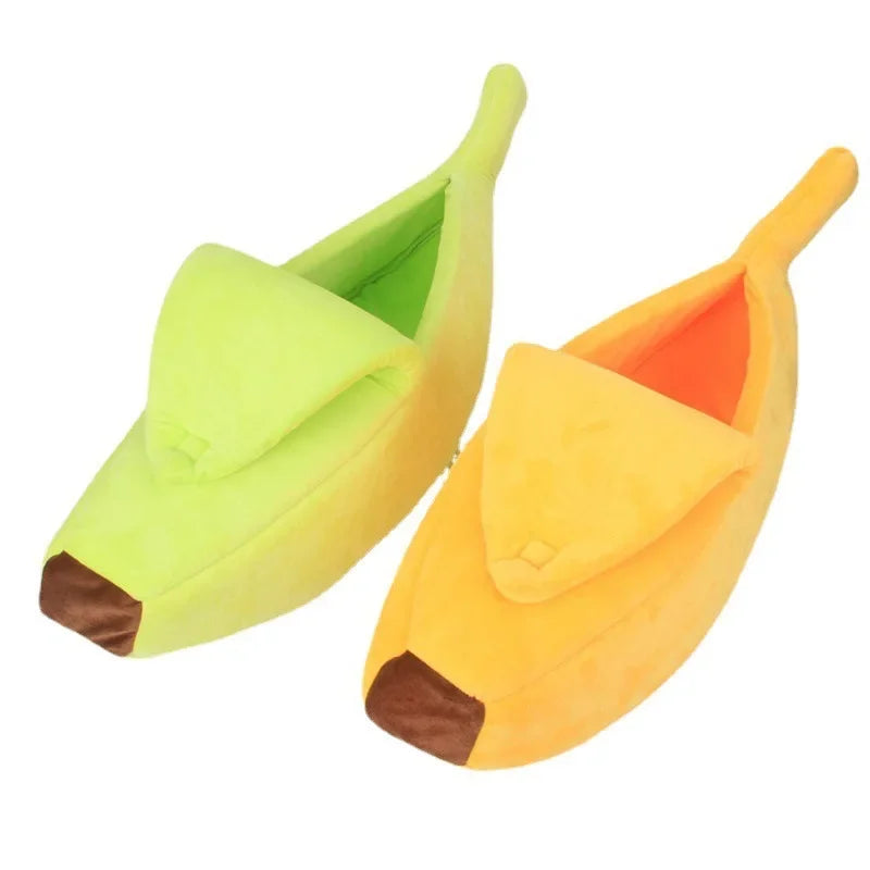 Plush banana-shaped pet beds in yellow and green, featuring soft peel-back flaps and brown stem ends.