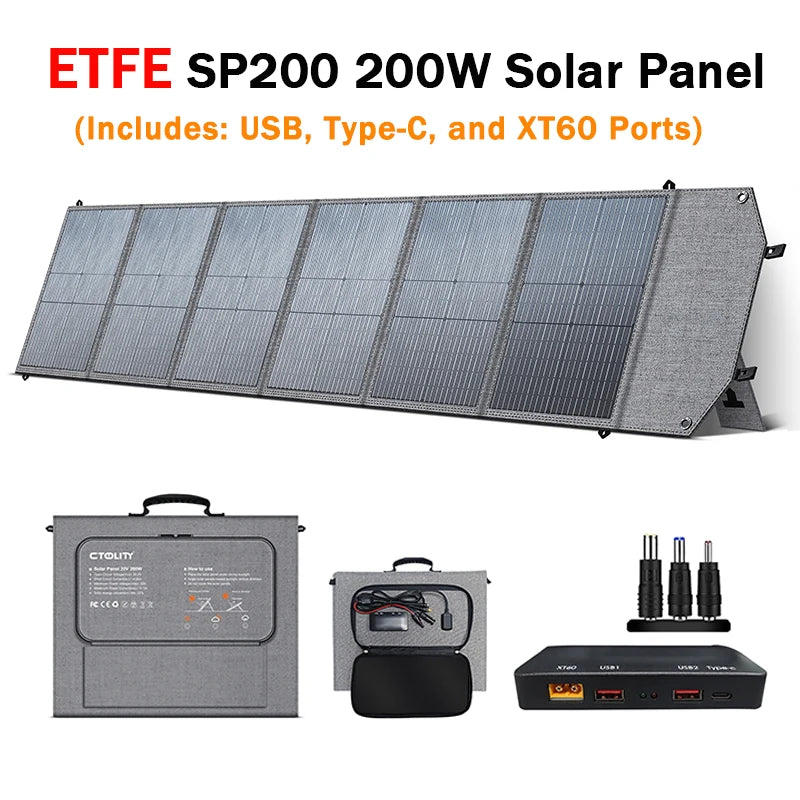 ETFE SP200 200W solar panel with accessories including USB, Type-C, and XT60 ports.