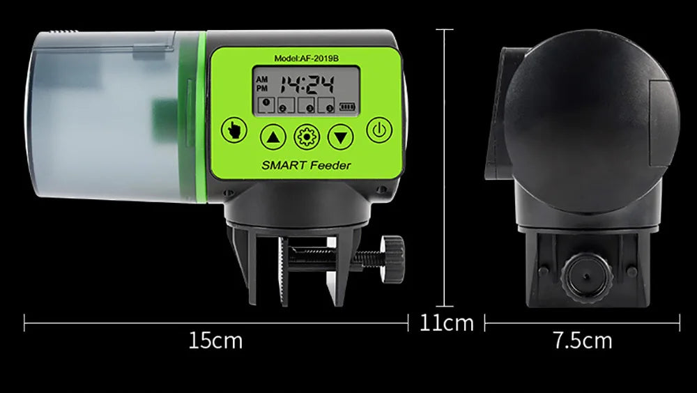 Automatic fish tank feeder with a black and lime green digital control panel, clear food container, and mounting clamp.