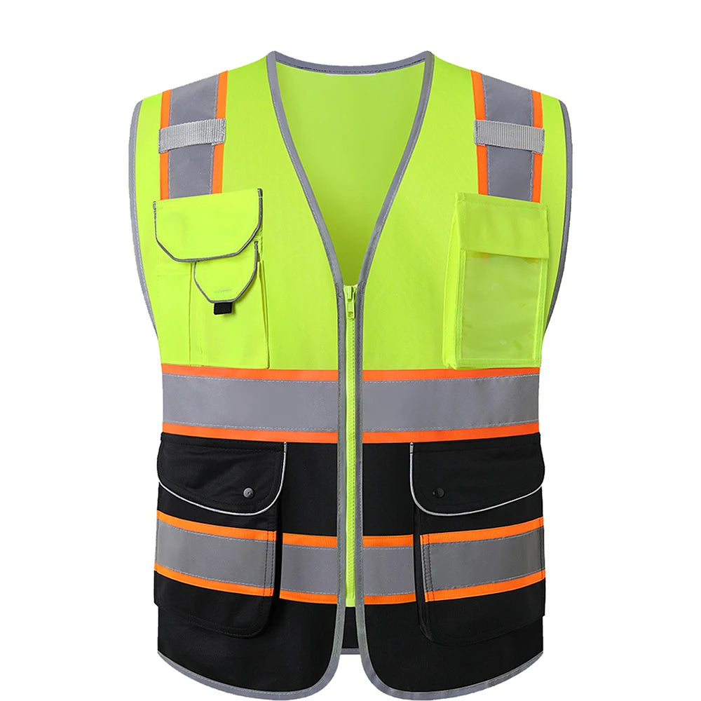 High-visibility workwear vest in yellow and black with reflective strips, zip front, and multiple utility pockets.
