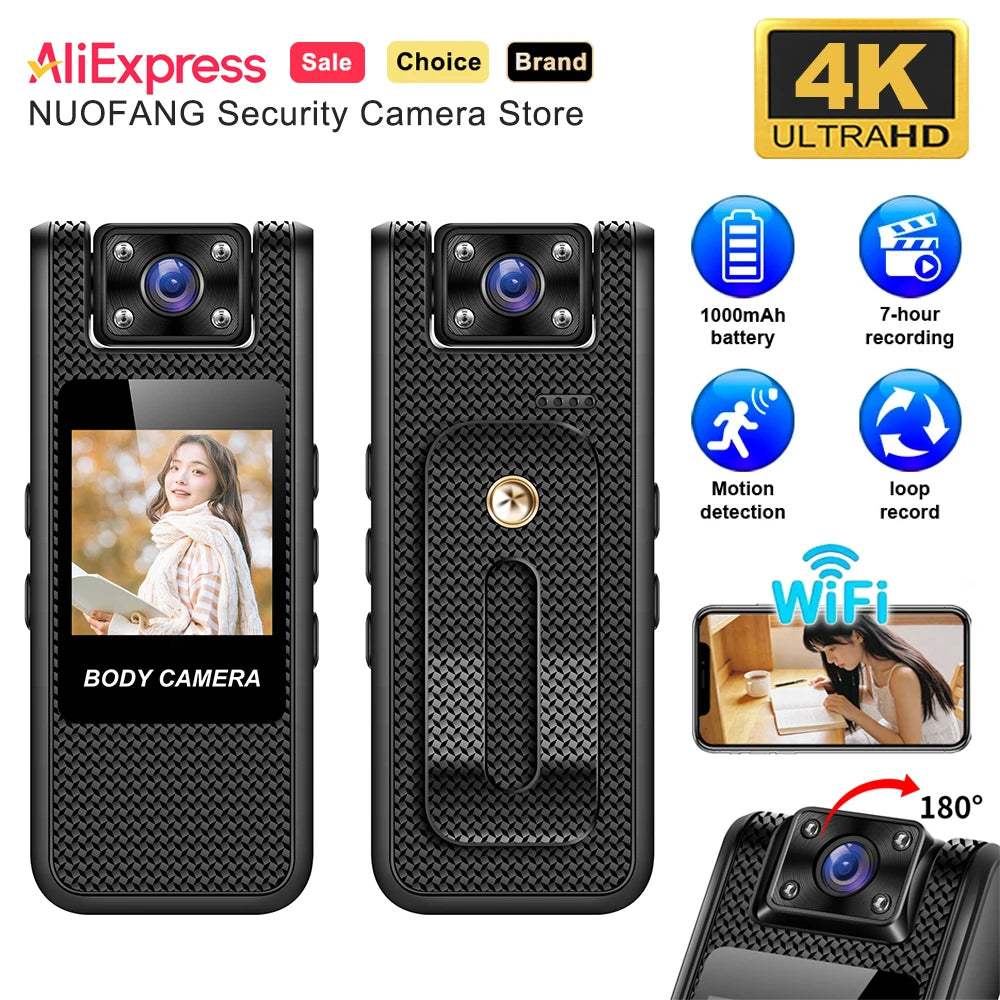 Black 4K body camera with textured plastic casing, color screen, rotating lens, clip, and built-in WiFi.
