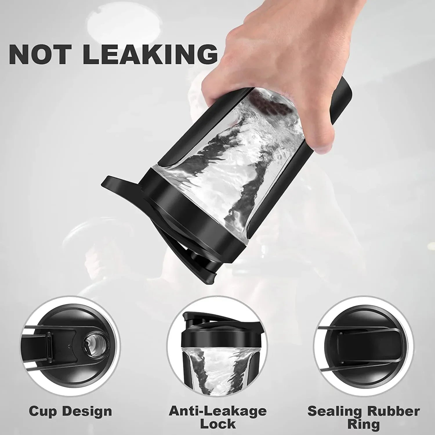 Black, clear-walled shaker cup with an anti-leak lock design and rubber sealing ring, held at an angle.