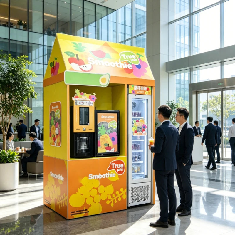 Yellow and orange slush vending machine kiosk with fruit graphics and an attached glass-door refrigerator.