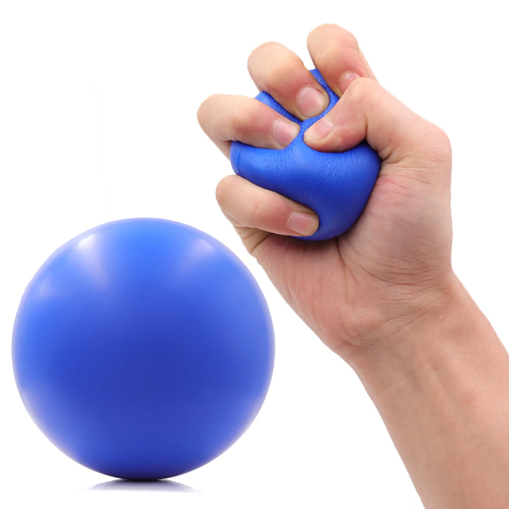 A smooth, round, blue stress ball, with one being squeezed by a hand, set against a plain white background.